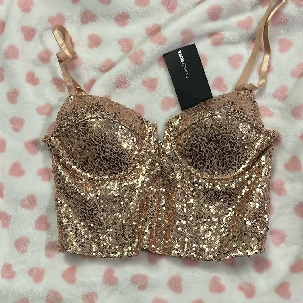 Fashion Nova Rose Gold Sequin Bustier Crop Top